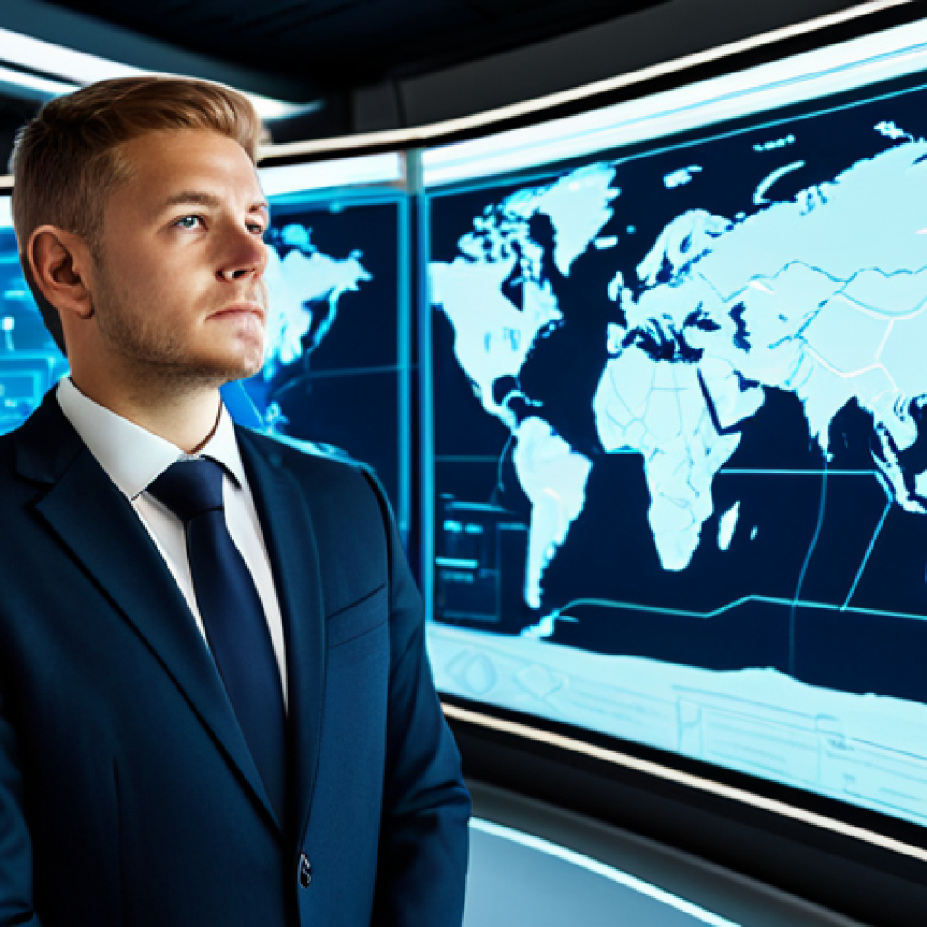 A visionary logistics professional, fully clothed in a modest business suit, standing confidently in a futuristic, high-tech control center. The environment displays holographic projections of interconnected global transportation networks, dynamic data streams illustrating AI and IoT applications, and subtle outlines of autonomous vehicles optimizing routes. The scene emphasizes innovation and efficiency in intelligent mobility. safe for work, appropriate content, professional dress, perfect anatomy, correct proportions, natural pose, well-formed hands, proper finger count, natural body proportions, professional photography, high quality.