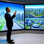 A professional urban planner, fully clothed in a modest business suit, standing in a brightly lit, modern smart city innovation lab. Large holographic screens display interactive 3D city models and dynamic mobility data visualizations. The subject is gesturing thoughtfully towards a screen, showcasing an interdisciplinary approach to urban development. Correct proportions, well-formed hands, natural body proportions, natural pose, perfect anatomy, professional photography, high quality, safe for work, appropriate content, family-friendly.