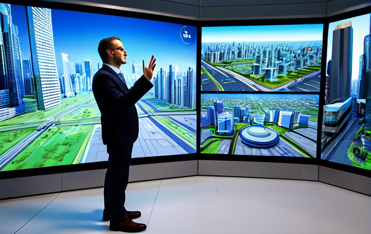 A professional urban planner, fully clothed in a modest business suit, standing in a brightly lit, modern smart city innovation lab. Large holographic screens display interactive 3D city models and dynamic mobility data visualizations. The subject is gesturing thoughtfully towards a screen, showcasing an interdisciplinary approach to urban development. Correct proportions, well-formed hands, natural body proportions, natural pose, perfect anatomy, professional photography, high quality, safe for work, appropriate content, family-friendly.