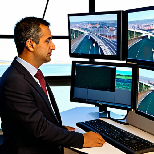 Home 25 Traffic Management Professional in Lisbon**
A professional traffic manager, fully clothed in appropriate business attire, stands in a modern control room overlooking Lisbon's Ponte 25 de Abril bridge. The scene includes multiple computer screens displaying real-time traffic data and simulations. Emphasis on perfect anatomy, correct proportions, and a natural pose. Safe for work, appropriate content, professional, and family-friendly. High quality, detailed rendering.
**