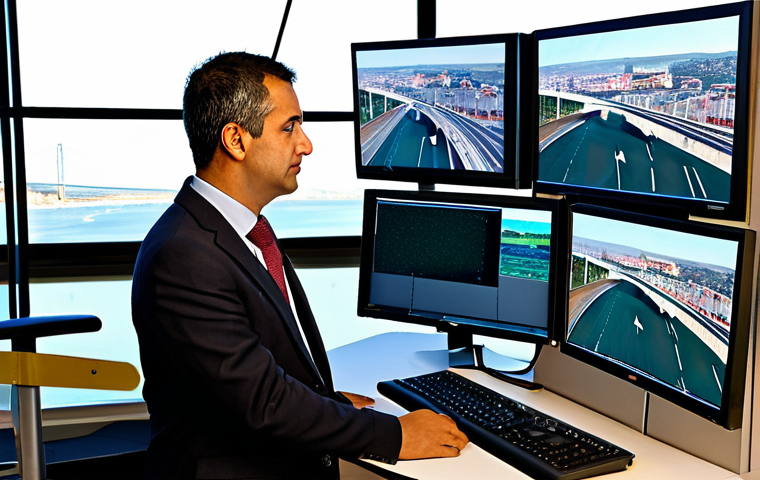 Traffic Management Professional in Lisbon**
A professional traffic manager, fully clothed in appropriate business attire, stands in a modern control room overlooking Lisbon's Ponte 25 de Abril bridge. The scene includes multiple computer screens displaying real-time traffic data and simulations. Emphasis on perfect anatomy, correct proportions, and a natural pose. Safe for work, appropriate content, professional, and family-friendly. High quality, detailed rendering.
**