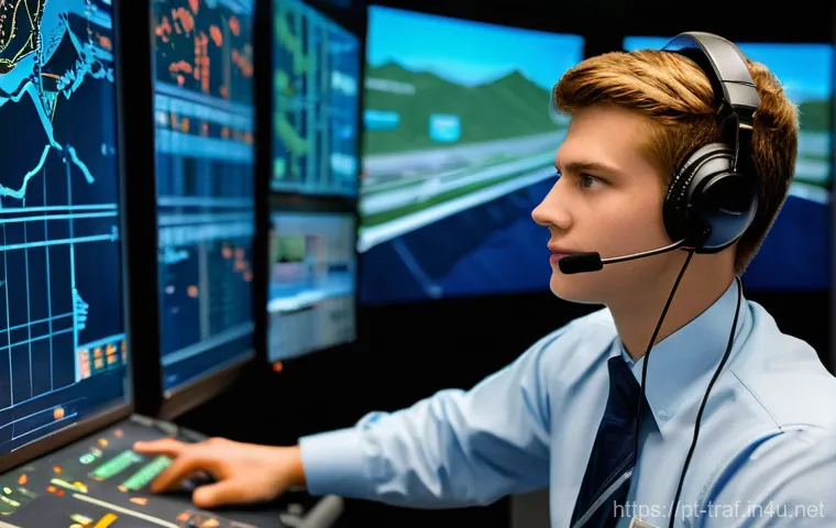 교통직 실습 준비를 위한 팁 - **Prompt 2: Panoramic View of a Bustling Airspace Control Room**
    "A wide, panoramic shot of a st...