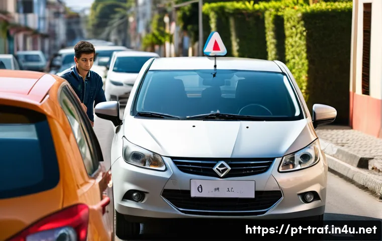 교통자격증 실기시험 예상문제 분석 - A detailed scene of a young adult learner driver practicing parallel parking in a typical Brazilian ...