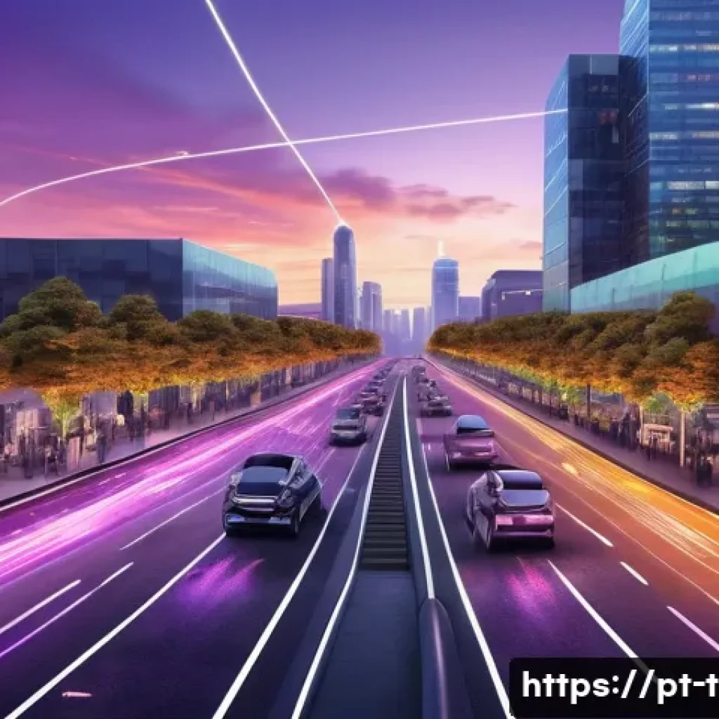 교통산업 전망과 자격증 가치 - A futuristic urban street scene at dusk featuring autonomous electric cars and delivery drones seaml...
