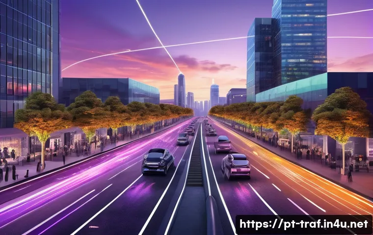 교통산업 전망과 자격증 가치 - A futuristic urban street scene at dusk featuring autonomous electric cars and delivery drones seaml...