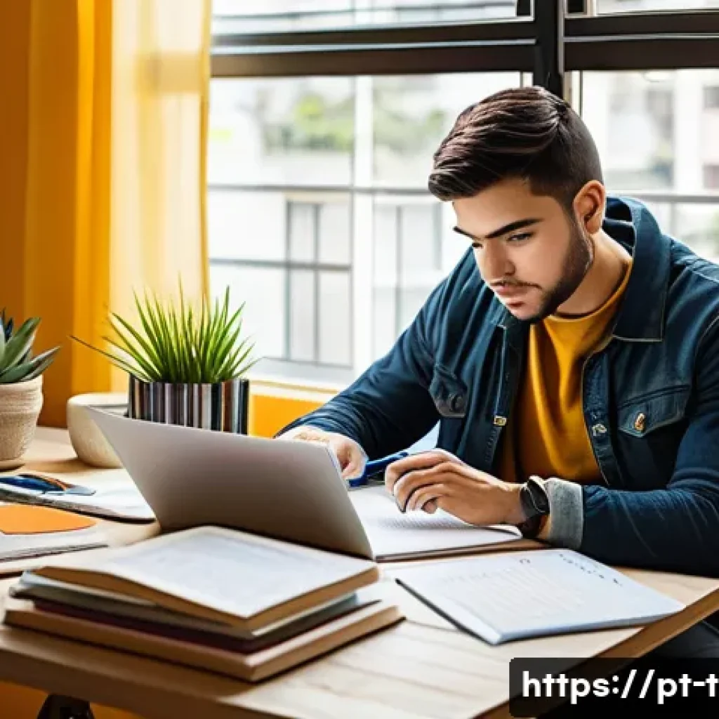 교통직 필기시험과 실기시험 준비 팁 - A focused young adult studying diligently at a cozy home desk, surrounded by colorful textbooks, a l...