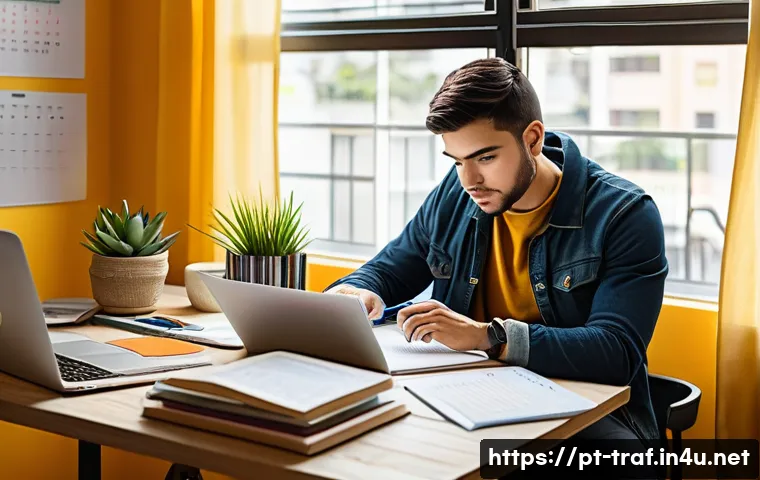 교통직 필기시험과 실기시험 준비 팁 - A focused young adult studying diligently at a cozy home desk, surrounded by colorful textbooks, a l...