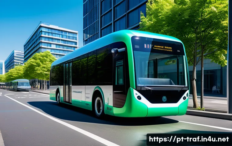 교통분야 직업군 전망 - A futuristic urban scene showcasing autonomous electric buses and delivery drones operating seamless...