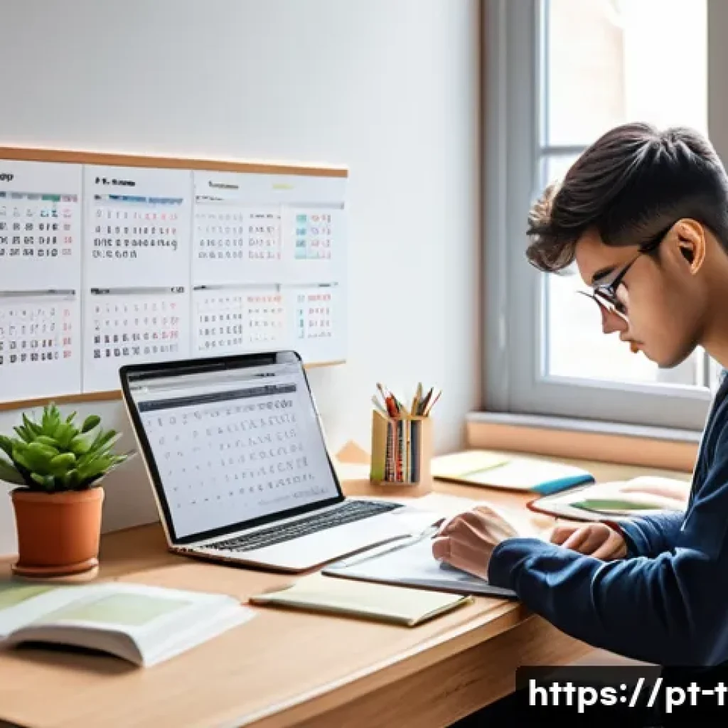 교통직 필기시험 대비 시간 관리법 - A focused young adult studying at a neat desk in a bright, organized room with good natural lighting...