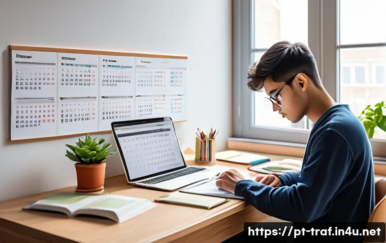 교통직 필기시험 대비 시간 관리법 - A focused young adult studying at a neat desk in a bright, organized room with good natural lighting...