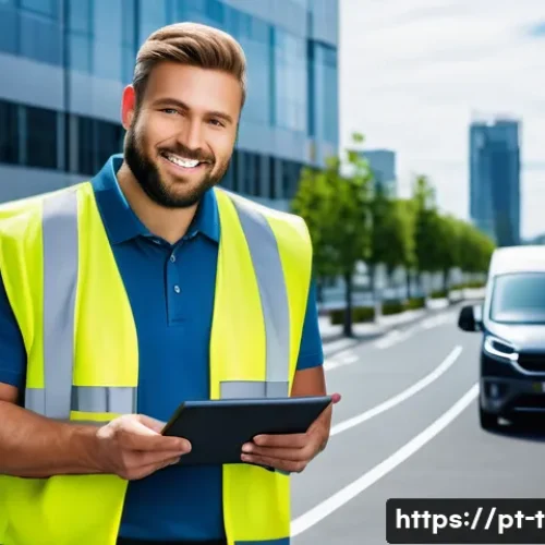 교통직 경력직 이직 노하우 - A professional logistics manager in a modern urban setting, standing confidently next to an electric...