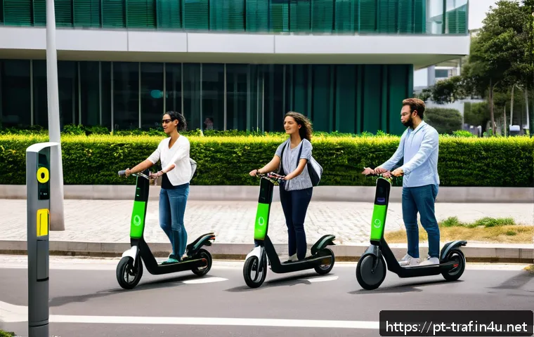 교통산업의 변화와 자격증의 역할 - A modern Brazilian urban street scene featuring diverse people interacting with various electric mob...