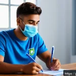 교통기사 필기시험 준비물 - A focused young Brazilian man sitting at a clean desk in a bright room, wearing casual comfortable c...