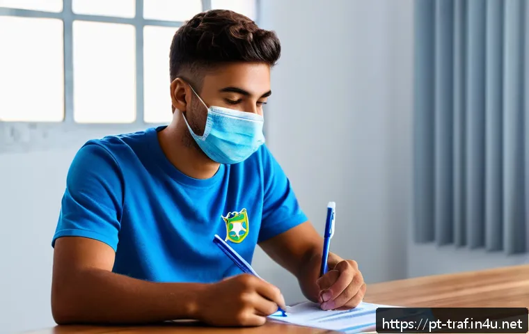 교통기사 필기시험 준비물 - A focused young Brazilian man sitting at a clean desk in a bright room, wearing casual comfortable c...