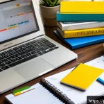 교통직 필기시험 준비 방법론 - A detailed, vibrant study desk scene set in a cozy Brazilian home environment, featuring an open lap...