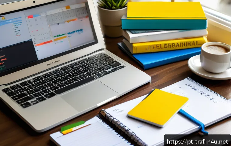 교통직 필기시험 준비 방법론 - A detailed, vibrant study desk scene set in a cozy Brazilian home environment, featuring an open lap...