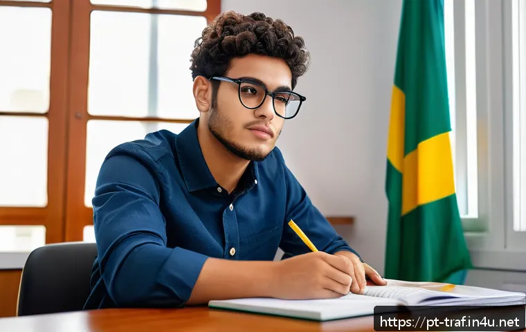 교통직 시험 난이도 평가 - A detailed and realistic office scene showing a young adult Brazilian candidate studying for a traff...