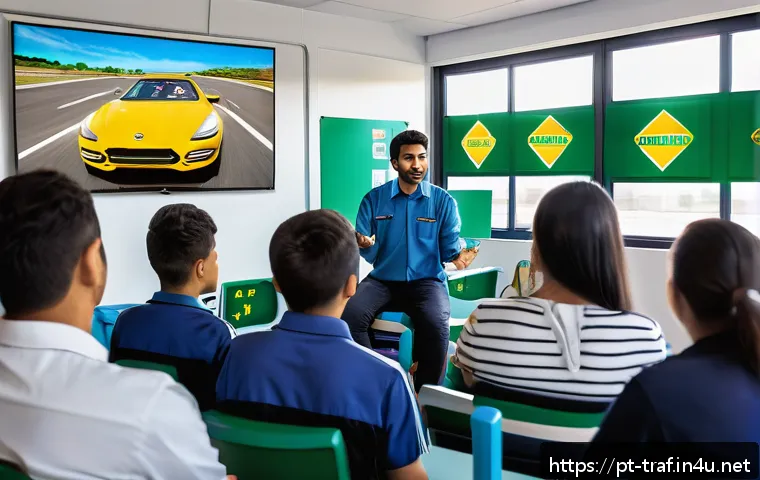 교통 관련 자격증 최신 소식 - A modern Brazilian driving school classroom scene showing diverse adult students attentively learnin...