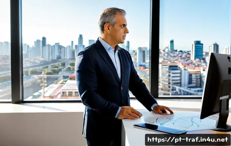 교통직 이직 후 커리어 변화 사례 - Photorealistic career transition scene in São Paulo, Brazil: a confident middle-aged Brazilian profe...